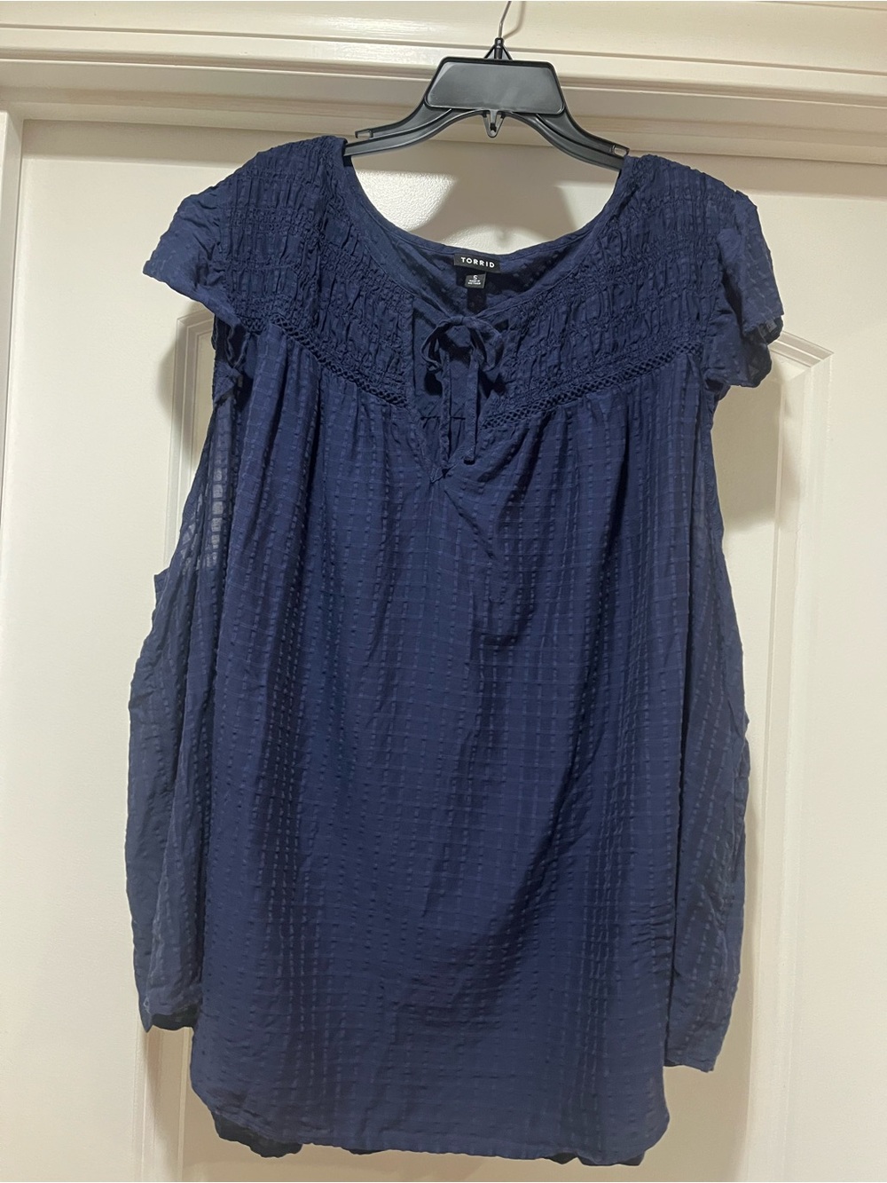 torrid Navy Crochet Yoke Short Sleeve Blouse